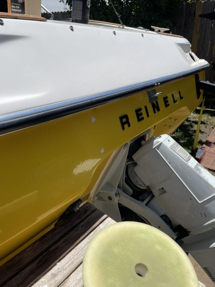 Boat exterior surface during polishing and cleanup.